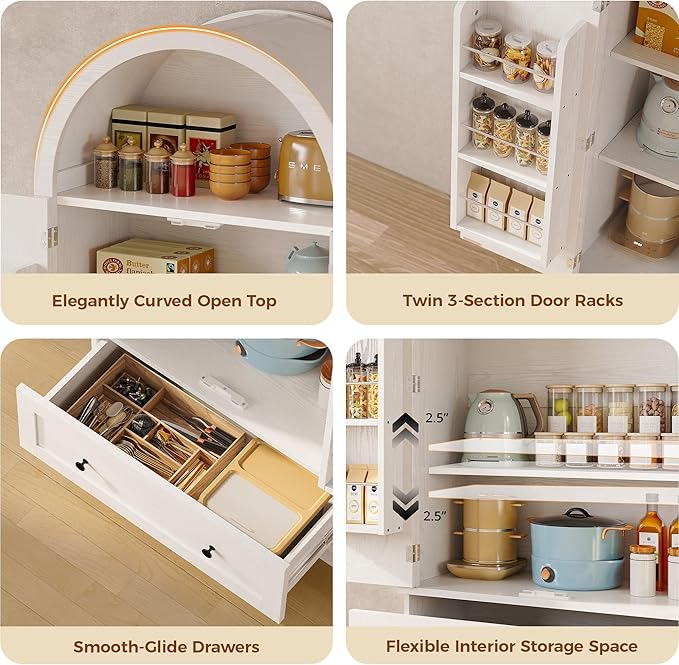 IRONCK 70.9" Tall Arched Kitchen Pantry, Kitchen Cabinet with Large Drawer, Adjustable Shelves, Arched Open Shelving, 2 Doors with Storage Shelves, Modern Versatile Cupboard for Kitchen, Dining Room