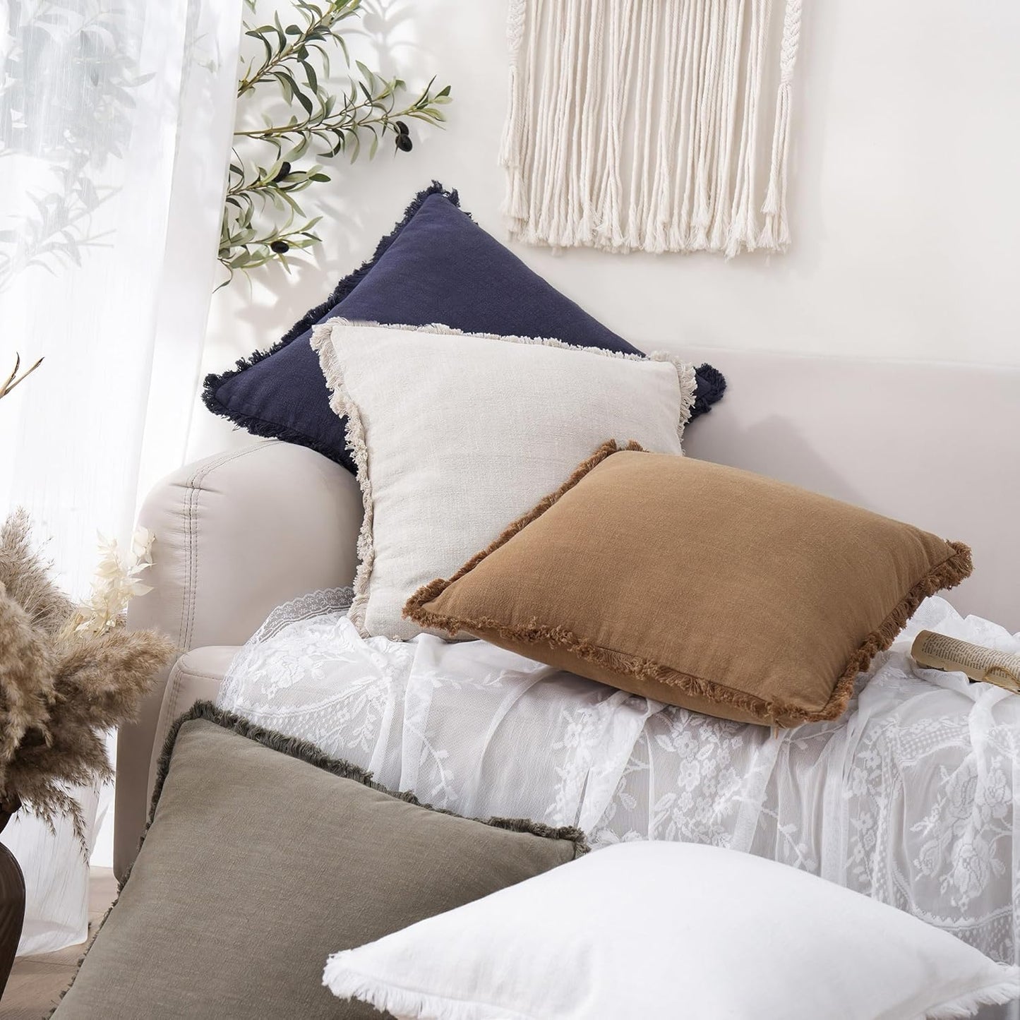 Foindtower Set of 2 Decorative Linen Fringe Throw Pillow Covers Cozy Boho Farmhouse Cushion Cover with Tassels Soft Accent Pillowcase for Couch Sofa Bed Living Room Home Decor, 16×16 Inch, Khaki Brown