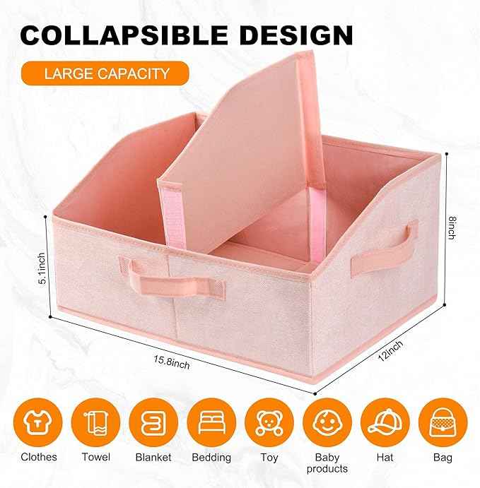 Closet Storage Bins 6 Pack, Large Closet Organizer Baskets with Divider & Handles,Trapezoid Fabric Shelf Organizers, Collapsible Storage Cubes for Clothes, Towels, Toys - Pink