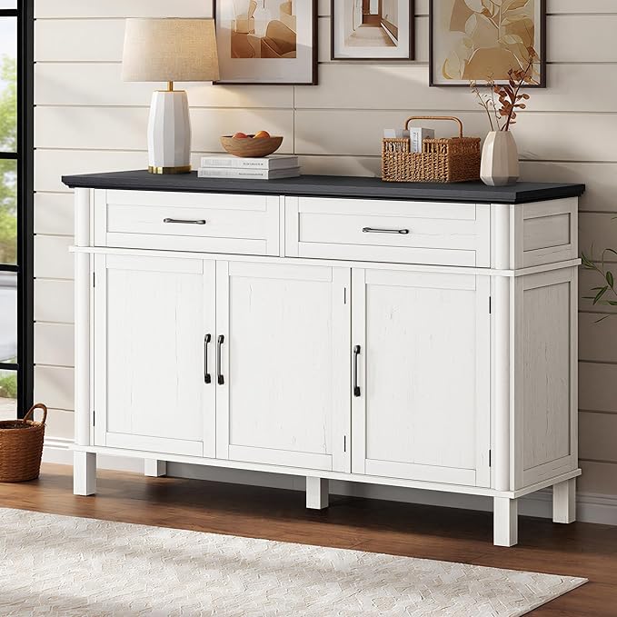 48 Inches Sideboard Buffet Cabinet with Storage, Farmhouse Sideboard Buffet w/2 Drawers and 3 Doors, Kitchen Cabinet with Adjustable Shelf, Wood Console Table for Living Room, Hallway, Off White&Black