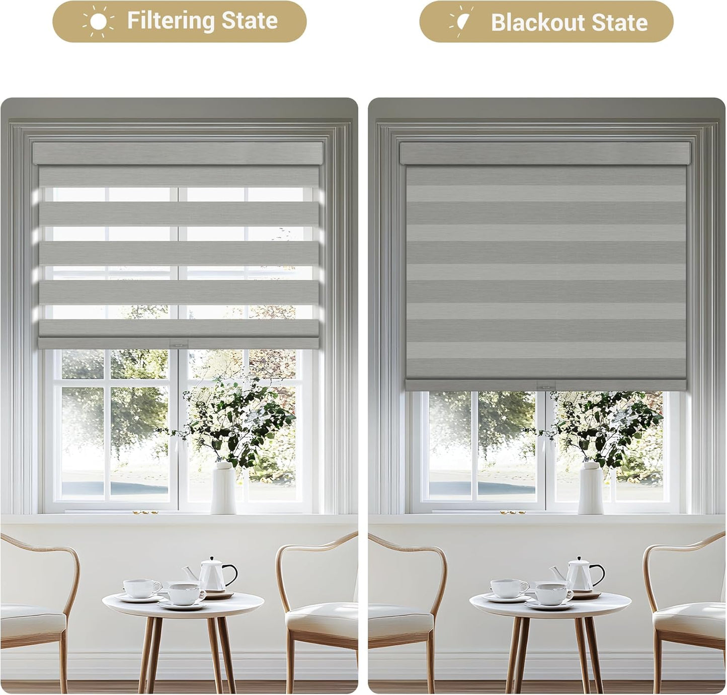 Cordless Zebra Blinds for Windows, Blackout Interior Blinds,Easy to Install,UV Protection,for Offices and Home,Custom Roller Shades, Mousse Light Grey,74" W x 56" H