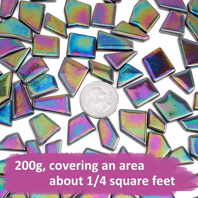 Youway Style Iridescent Glass Mosaic Tiles for Crafts Bulk,200g Black Stained Glass Mosaic Supplies,Broken Mosaic Pieces for Garden Kit Crafts,DIY Mosaic Art Decor