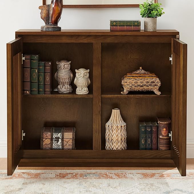 Ball & Cast 39" Narrow Sideboard Cabinet with Storage, Mid Century Modern Buffet Credenza Cabinet w/Fluted Doors & 2 Outlet Holes,for Living Room,Dining Rooms, Entryway, Kitchen Coffee Bar, Walnut