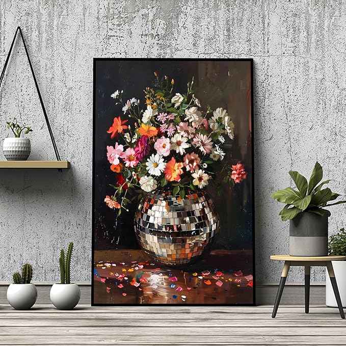 Colorful Moody Florals Disco Ball Wall Art, Maximalist Funky Wildflowers Bouquet Disco Ball Canvas Poster, Retro Cottagecore Flower Prints Paiting, Vintage Eclectic Wall Decor 12X16in Black Framed