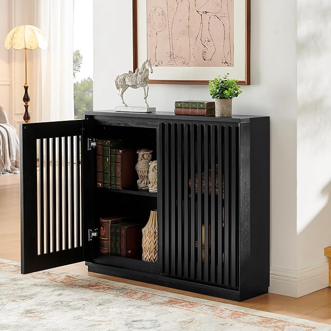 KEIKI 39" Mid Century Modern Fluted Hollowed Out Sideboard Cabinet with 2 Outlet Holes, Buffet Cabinet with Storage, Storage Cabinet for Living Room, Entryway, Hallway, Dining Room, Kitchen, Black
