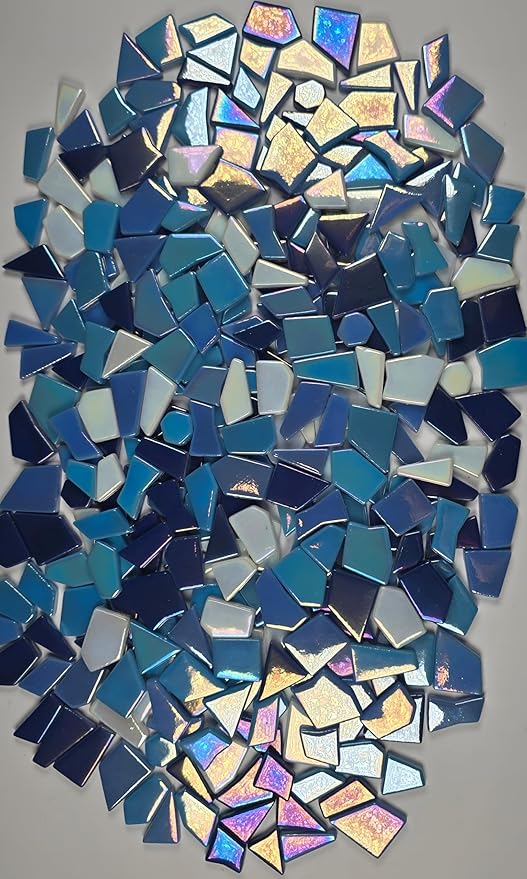 Irregular Glass Mosaic Tiles Bulk 500g Glossy and Iridescent Mosaic Glass Tiles for DIY Projects and Arts and Crafts Solid Colors and Mixes (Iridescent Dark Blue, Periwinkle & Sky Blue Mix)