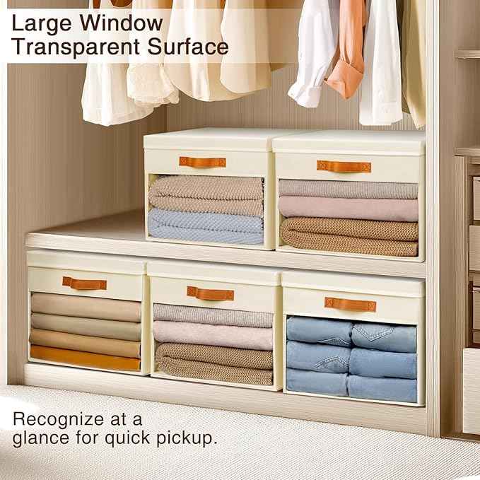 Foldable Decorative Organizers with Clear Windows & Handles, Collapsible Decorative Boxes with Lids, Fabric Containers for Living Room, Dorm, Beige