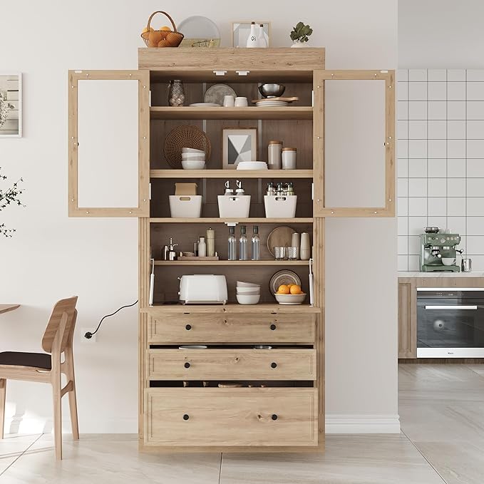 Merax 78 Inch Extra-Tall Freestanding Kitchen Pantry Storage Cabinet, Multifunctional Cupboard with 3 Drawers, Adjustable Shelves & Power Outlet Drop-Down Surface for Dining and Living Room, Natural
