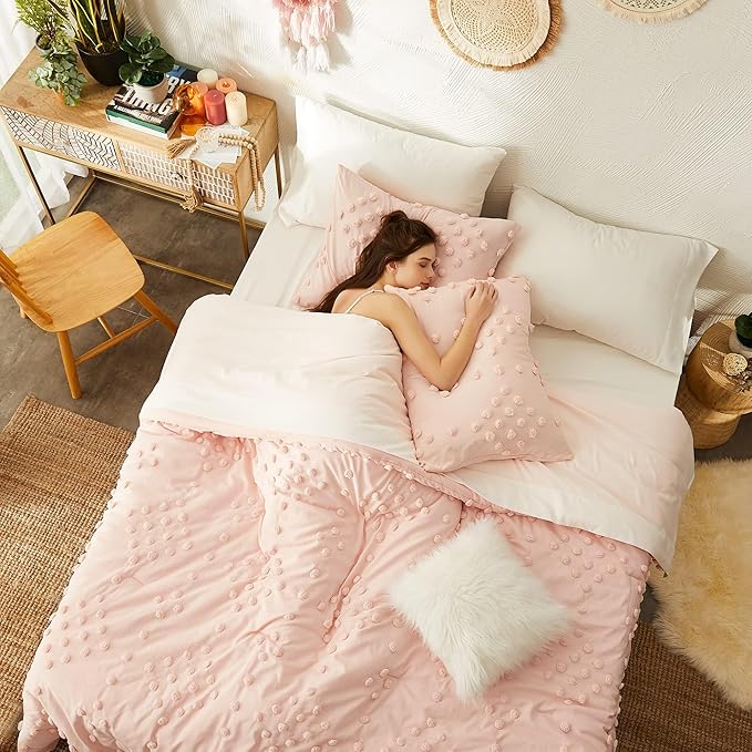 Geniospin Pink Twin Comforter Set for Girls- 5 Pieces Pom Tufted Bed in A Bag Twin Bedding Sets with Sheets, Pillowcases & Shams, All Season Kids Comforter Set