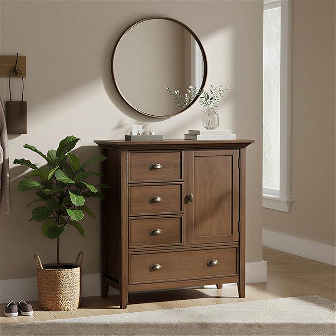 SIMPLIHOME Redmond SOLID WOOD 39 inch Wide Transitional Medium Storage Cabinet in Rustic Natural Aged Brown with 3 Small Drawers, 1 Large Drawer