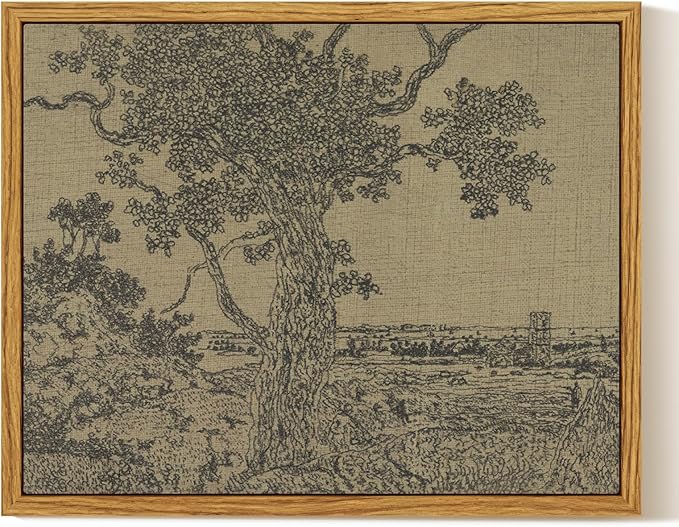 InSimSea Framed Canvas Print Art, Vintage Sketch Tree Landscape Painting, Rustic Farmhouse Cottage Decor for Hallway Wall Floating Shelf Desk Vanity Fireplace,10x8in, Neutral Tones