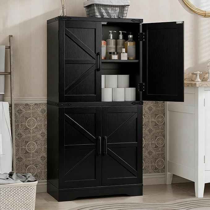 Vabches 43" Tall Farmhouse Kitchen Pantry, Floor Storage Cabinet with Adjustable Shelves, Farmhouse Storage Cabinet for Bathroom, Kitchen, Living Room, Rustic Style Cabinet