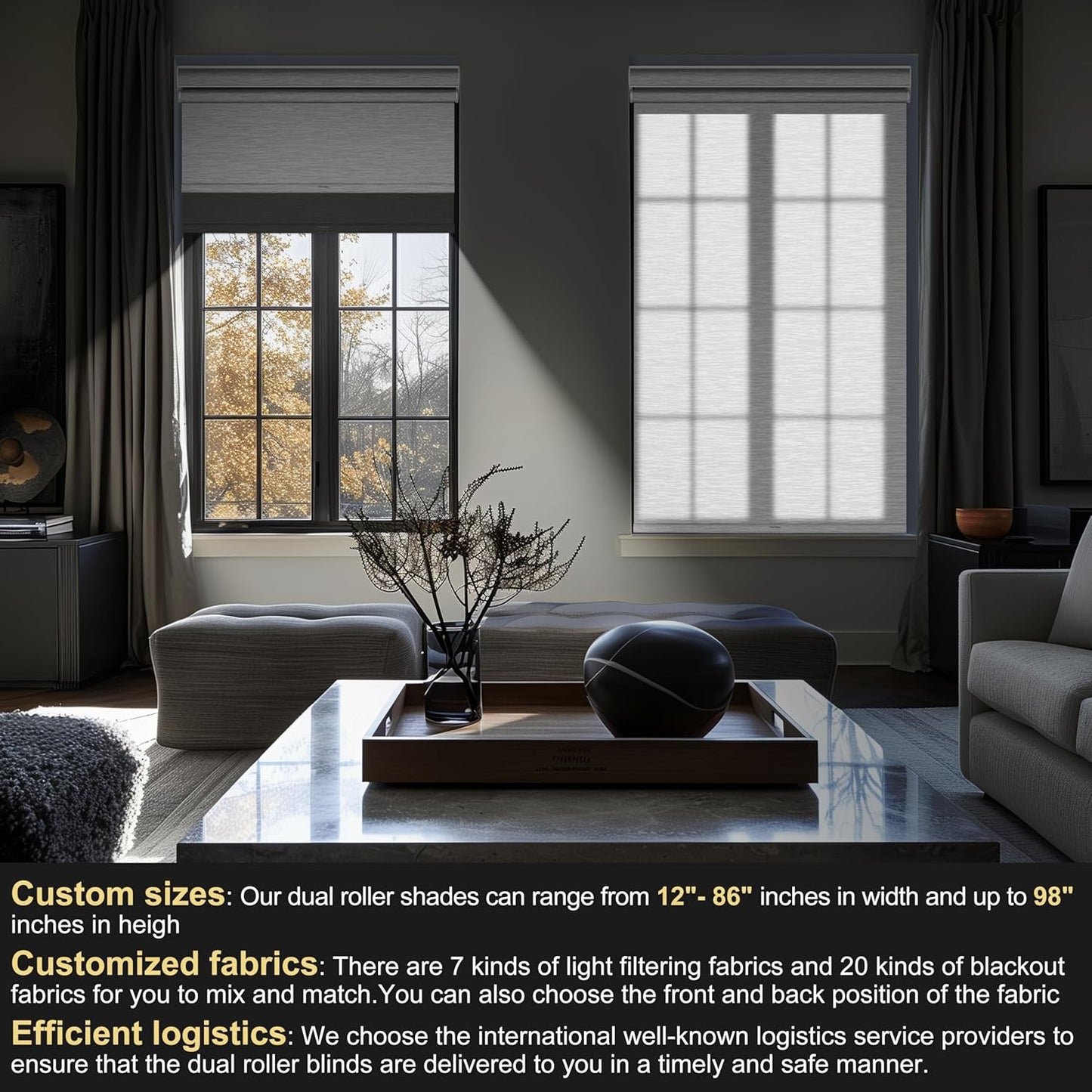 BERISSA Cordless Dual Roller Shades with Cassette Valance, Double Window Shades Blackout and Light Filtering, Day and Night for Home Office or Door - Grey and White, 70W x 56H