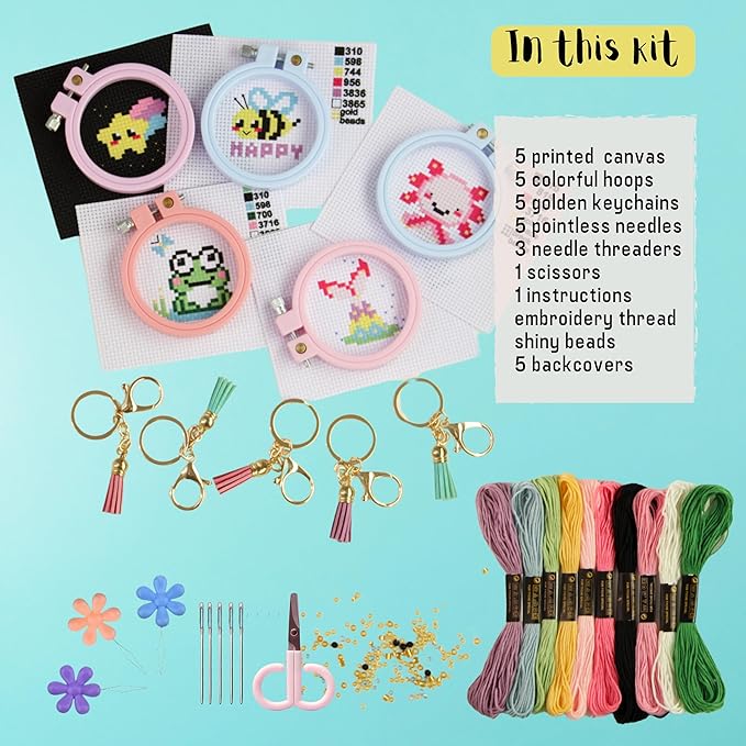 IDDI Cute Creatures Embroidery Kit for Kids. Stamped Cross Stitch Kits for Beginners. Kid Needlepoint. Crafts for Girls 8-12. Easy Crafts. DIY Keychains for Kids. Needlework Kits. Backpack Charms.
