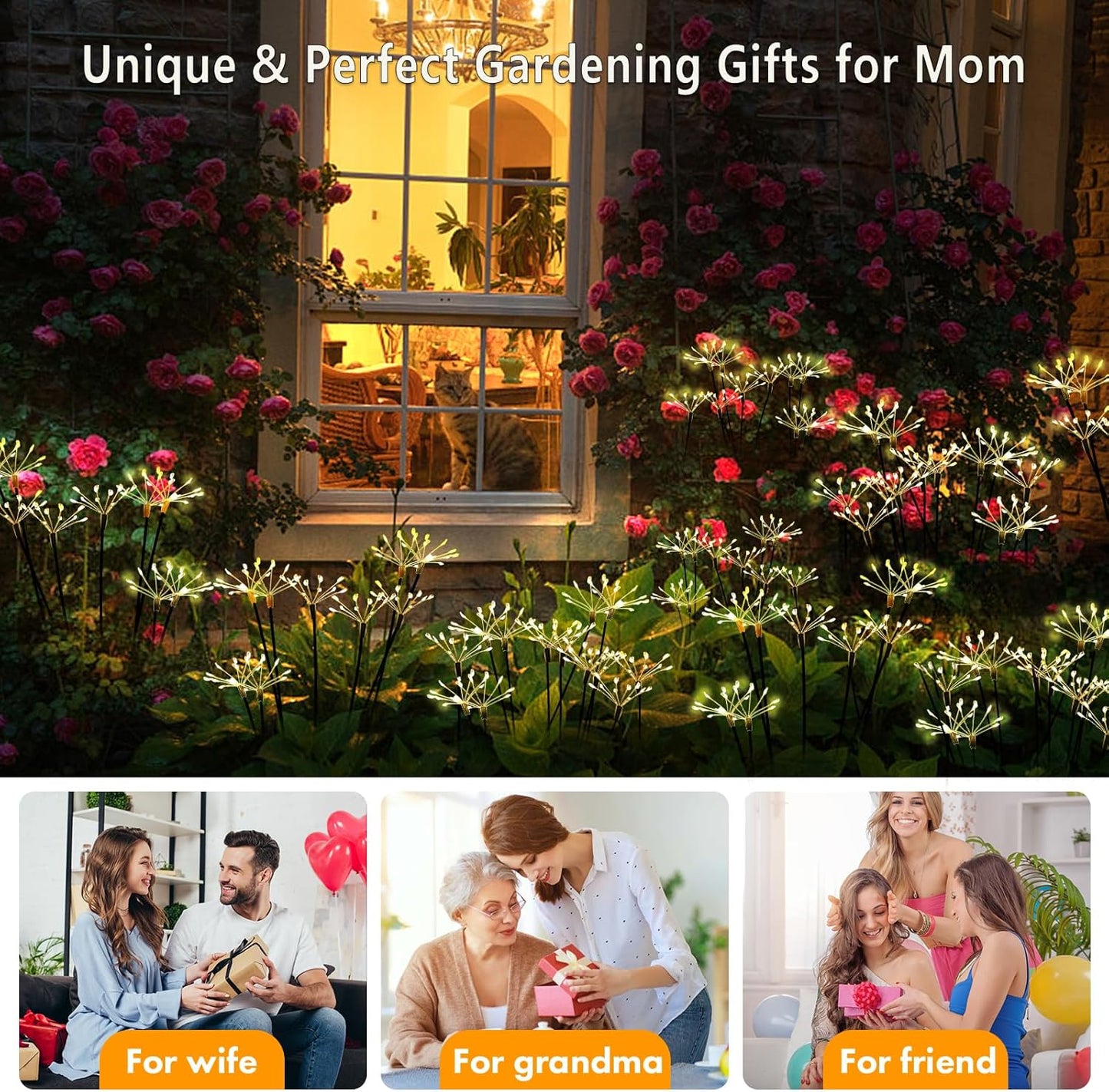 Kwaiffeo Solar Garden Light 4 Pack Outdoor Waterproof Firework Lights with 240 LEDs Twinkling Fairy Solar Lights Outdoor Garden Yard Pathway Decor, Gardening Gifts for Women Mothers Day (Warm White)