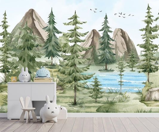 -Watercolor Green Pine Mural Cartoon Forest Fabric Wallpaper Children's Room 100" x 65"(Not Peel and Stick)