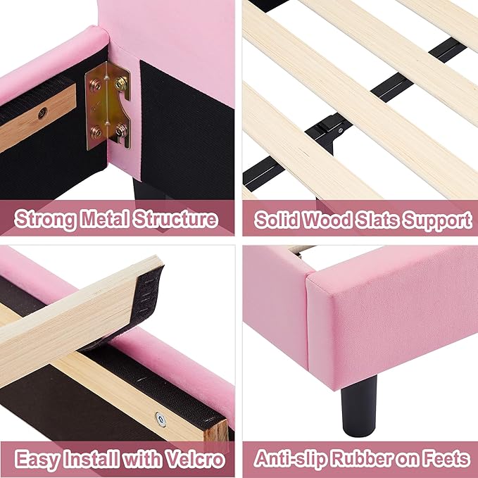 VECELO Twin Size Bed Frame with Storage Organizer, Heavy-Duty Platform with Rabbit Shaped Headboard for Girls Kids Room, Storage Organizer, Easy Assembly, Pink
