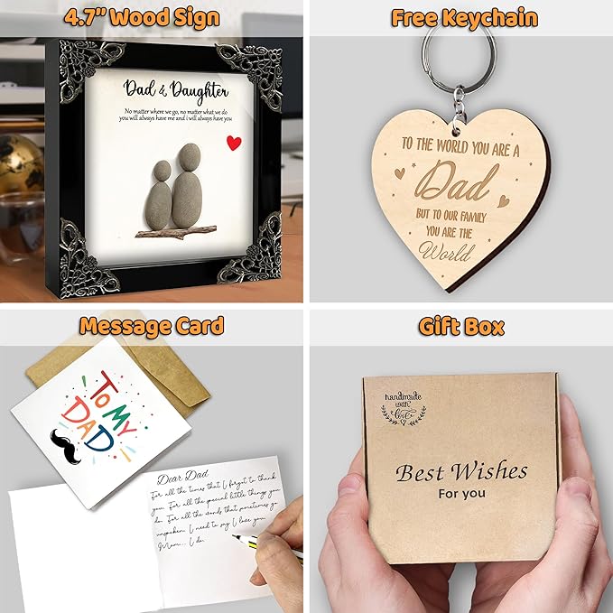 Dads Gifts from Daughter, 5.5" Pebble Art Frame Dad & Daughter Plaque, Engraved Daddy Keychain, Thank You Card, Best Dad Ever Gift Set, Fathers Day Present, Birthday Gift for Husband S199-55