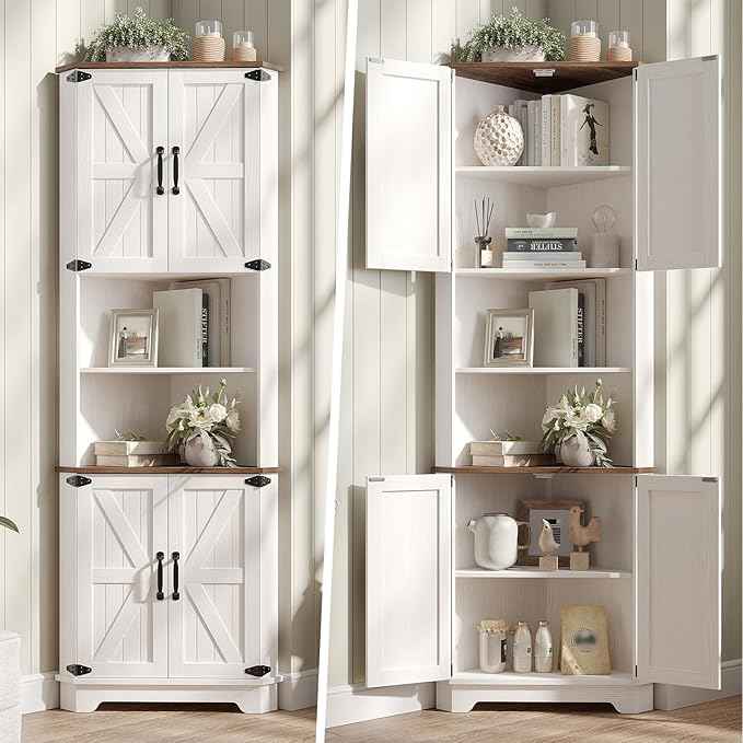 Vabches 68.9" Tall Corner Cabinet, Farmhouse Style Storage Cabinet with Adjustable Shelve, Barn Door Design, Home Space Saver for Kitchen,Bathroom, Living Room, Dining Room (White)