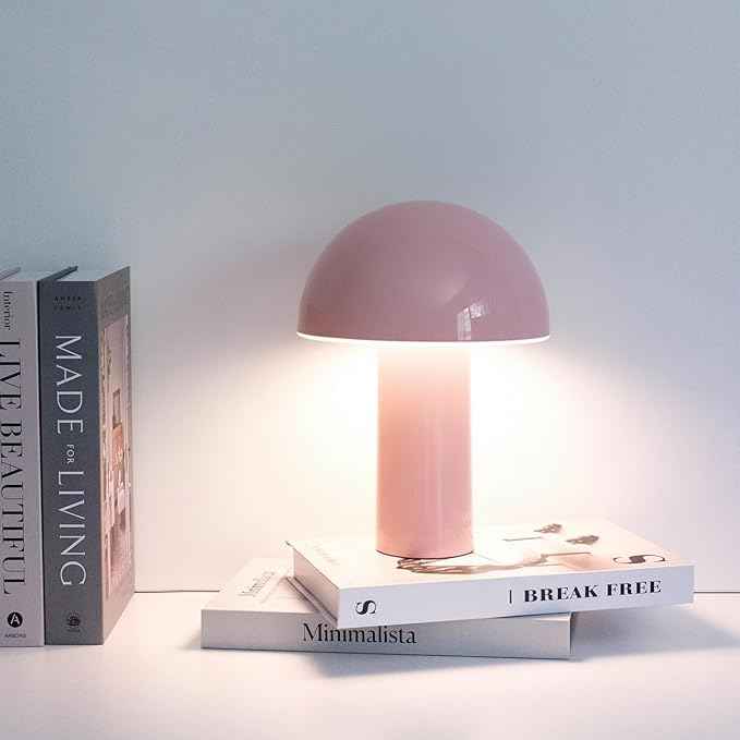 Brightech Celia Mood Lamp – 10" Touch-Controlled Mushroom Table Lamp, Cordless & Dimmable LED, Portable & Rechargeable Bedside Night Light, Sustainable Recycled Modern Patio Lamp for Home Décor – Pink