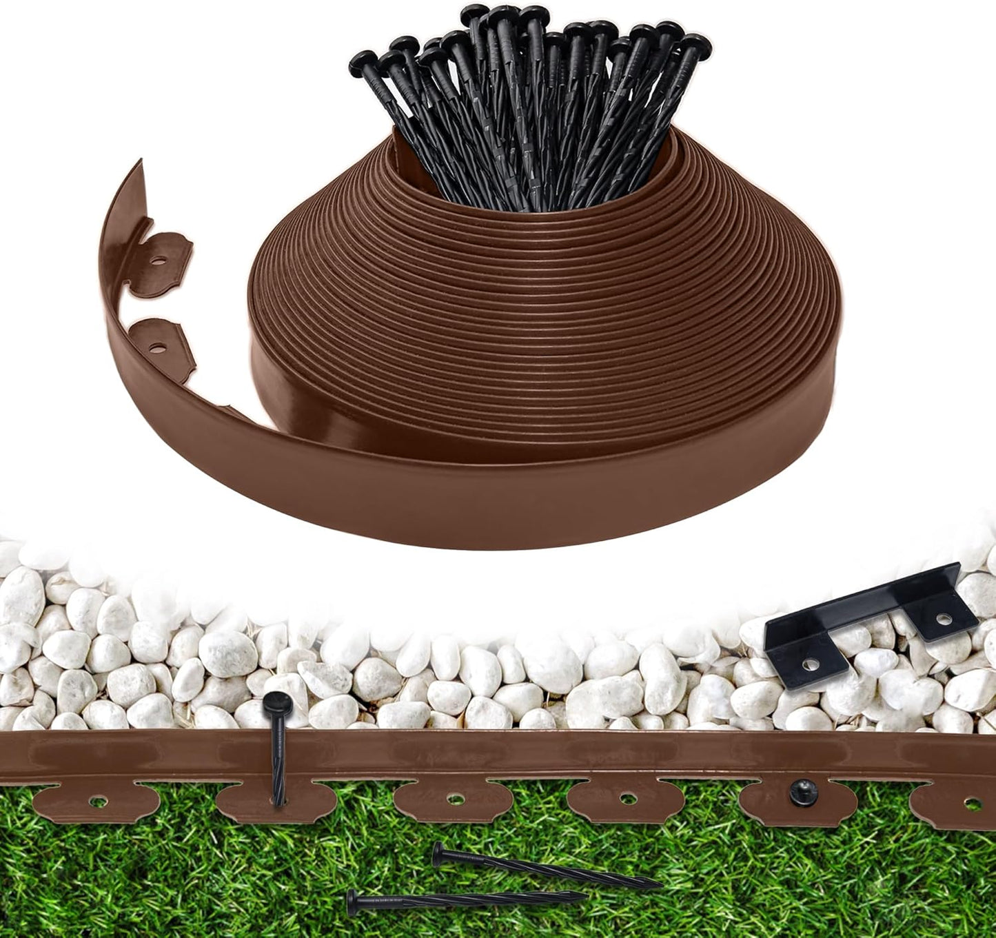 Landscape Edging Border 60 FT 2 Inch Tall with 120 Spikes, Plastic Edging for Landscaping, Garden Edging Border, Flower Bed, Paver and Lawn Edging Border, Brown