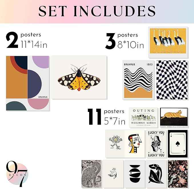97 Decor LARGE 11x14 Vintage Eclectic Wall Art Prints - Large Eclectic Prints For Wall Decor, Unique Funky Aesthetic Pictures, Maximalist Decoration Mid Century Modern Gallery For Home (Unframed)