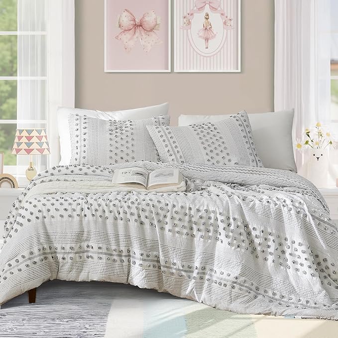 Geniospin Full Comforter Set 7 Pieces, Bed in A Bag with Comforter, Sheets, Pillowcases & Shams, Pom Tufted Design, All Season Down Alternative Bedding Sets