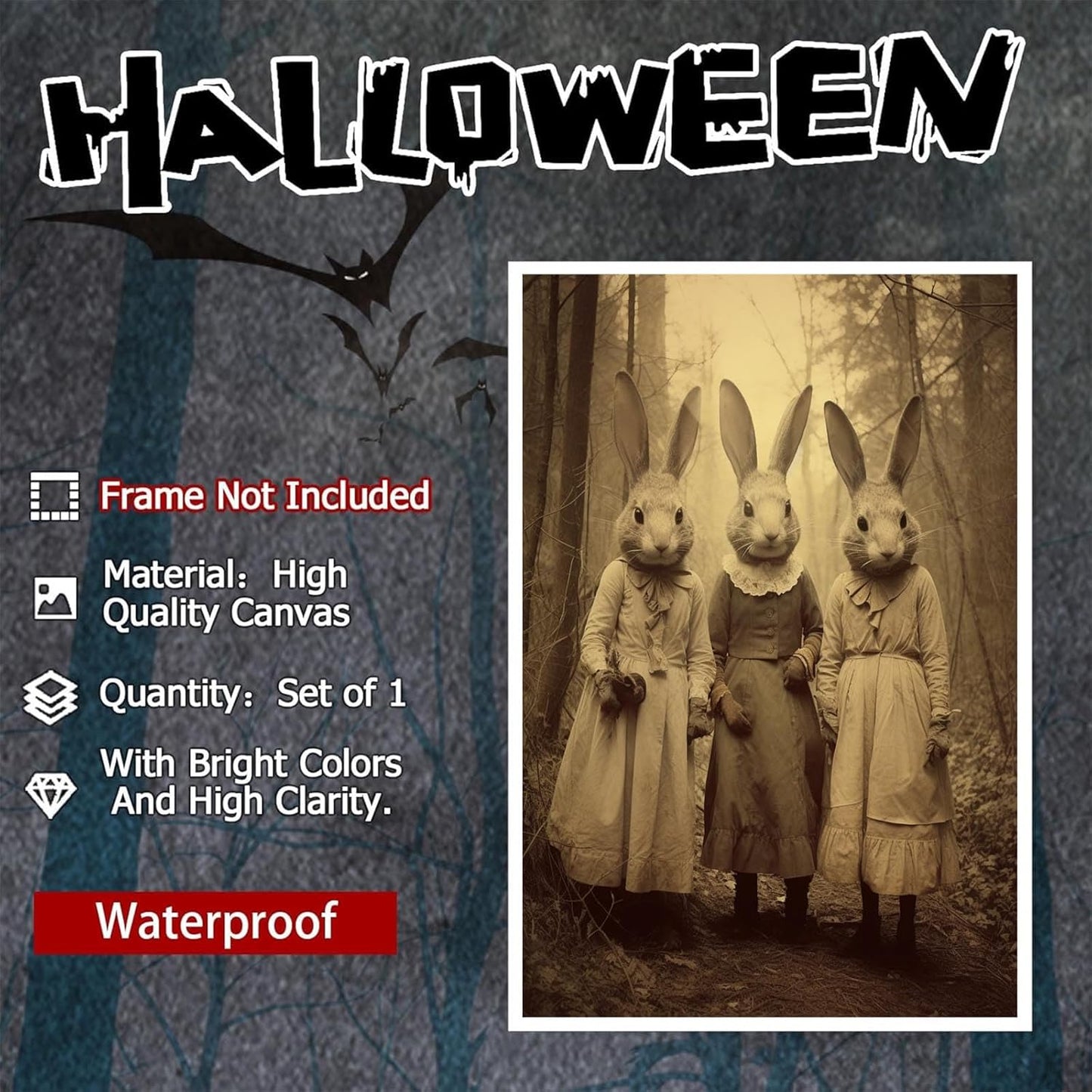 Vintage Horror Spooky Three Rabbits In Occult Forest Spooky Canvas Wall Art Poster Gothic Dark Academia Decorations Room Creepy Print Retro Halloween Wall Decor 24X36inch Unframed