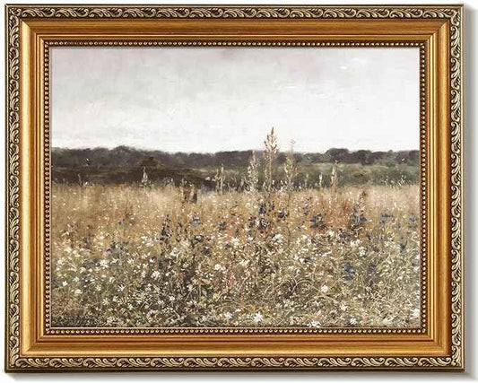 uniro Vintage Gold Framed Wall Art for Home Decor, Farmhouse Wall Decor Wildflower Field Landscape Canvas Artwork, Antique Landscape Oil Painting for Bedroom Wall Decor, Rustic Country Aesthetic Picture for Bathroom, Living Room, Desktop Decor - 12x16Inch