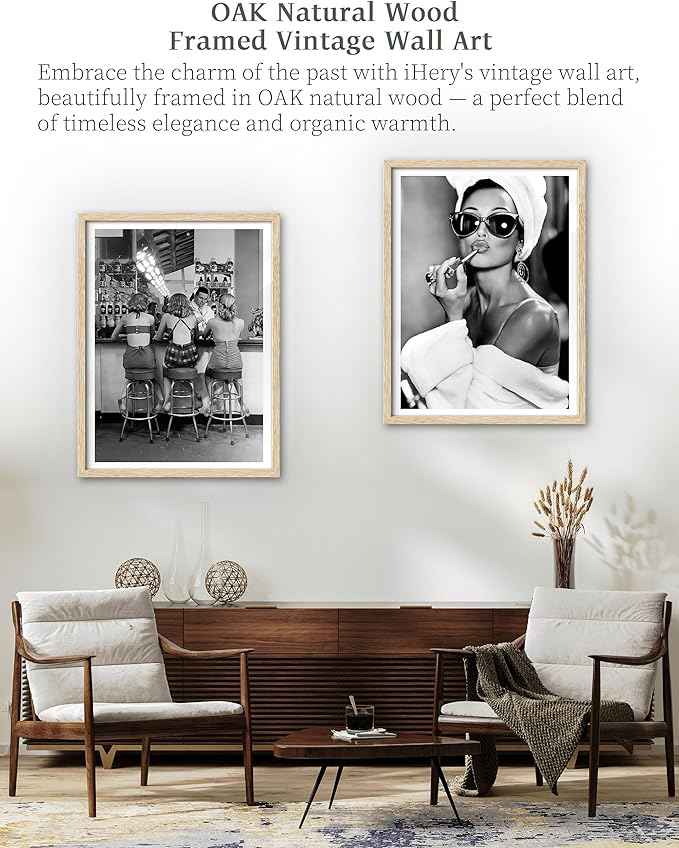 iHery Natural OAK Wood Audrey Hepburn Trendy Framed Wall Art, 12x16 in Vintage Canvas Bedroom Wall Decor, Beige Logs Retro Bathroom Art, Better Late Than Ugly, Set of 1 Apartment Girly Dorm Room