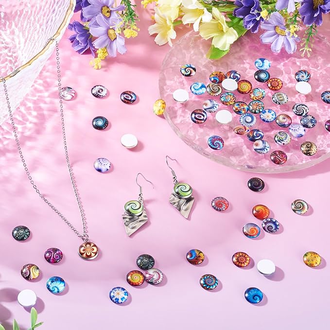100Pcs Printed Glass Cabochons for Jewelry Making, Vortex Printed Half Round Cameo Dome Tiles Flatback Dome Cabochons for Photo Cameo Pendant Scrapbooking DIY Crafts