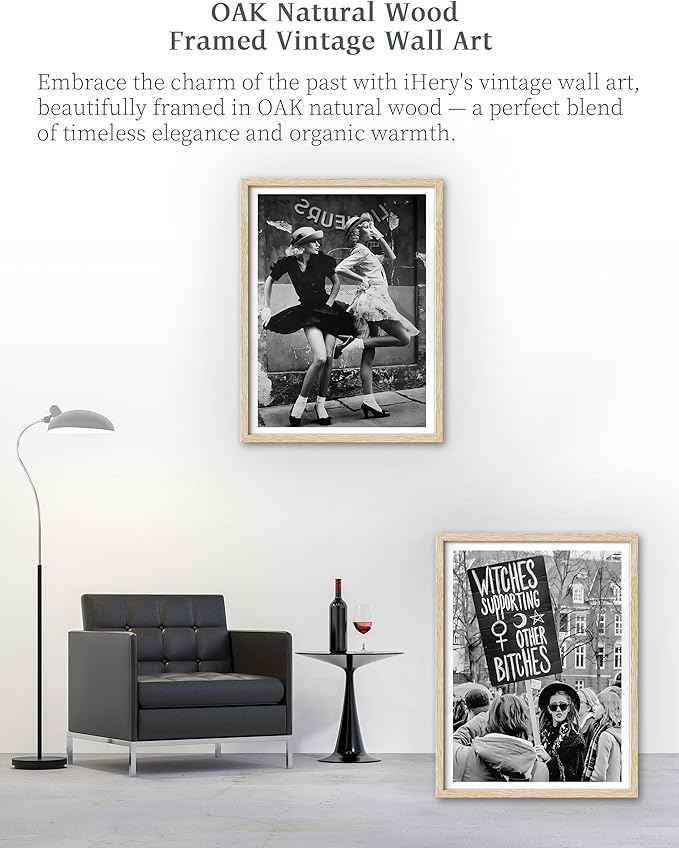 iHery Natural OAK Wood Framed Vintage Women Dancing Wall Art, 12x16in Beige Frame Canvas Retro Women Fashion, Chic Ladies Posing, Black and White Print, Vintage Feminist Wall Decor Set of 1