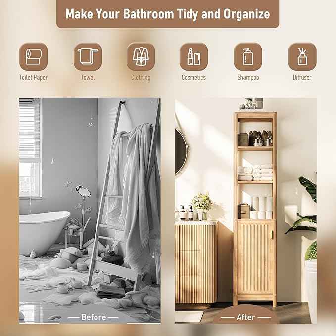 68'' Tall Narrow Storage Cabinet with Adjustable Shelf and Door, Bathroom Storage Cabinet, Space Saver for Bathroom, Kitchen, Living Room, Natural Oak