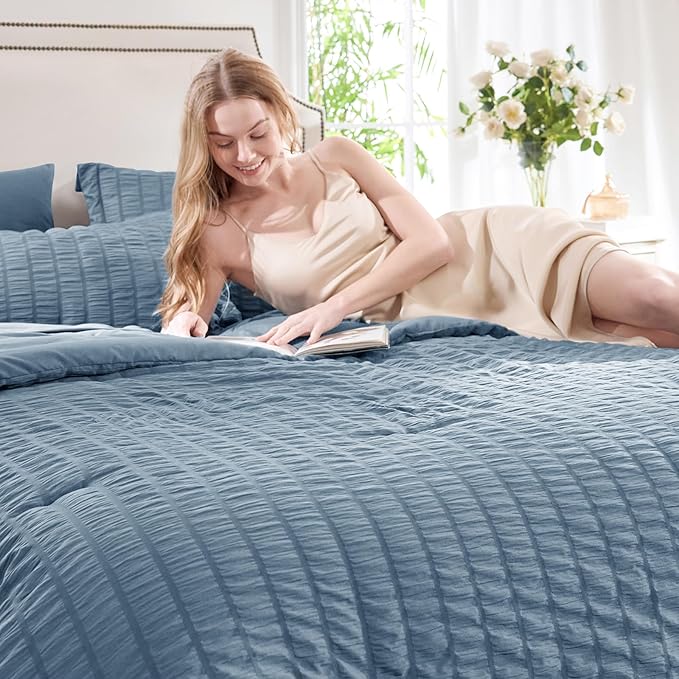 CozyLux Grayish Blue King Size Comforter Set Seersucker 7 Pieces Dusty Blue Bed in a Bag King Comforter Set with Sheets, Luxury Bedding Set with Down Alternative Comforter, Sheets, Pillowcases & Shams