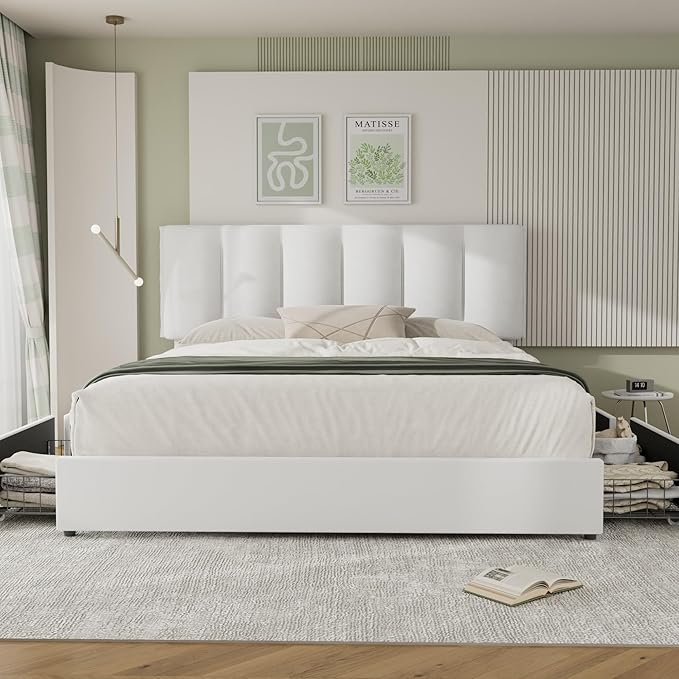 VECELO King Size Bed Frame with 4 Storage Drawers, Adjustable Height Headboard, Heavy-Duty Bedframe with Strong Wooden Slats, No Box Spring Needed, Pure White