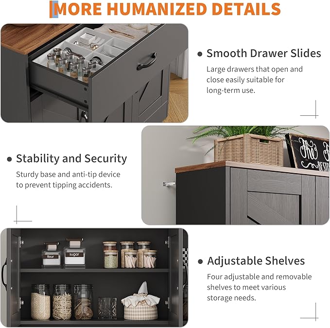 IDEALHOUSE 71" Kitchen Pantry Storage Cabinet with Charging Station, Farmhouse Kitchen Hutch Cabinet with 2 Storage Drawers, Large Food Pantry with Microwave Stand for Dining Room,Living Room,Black