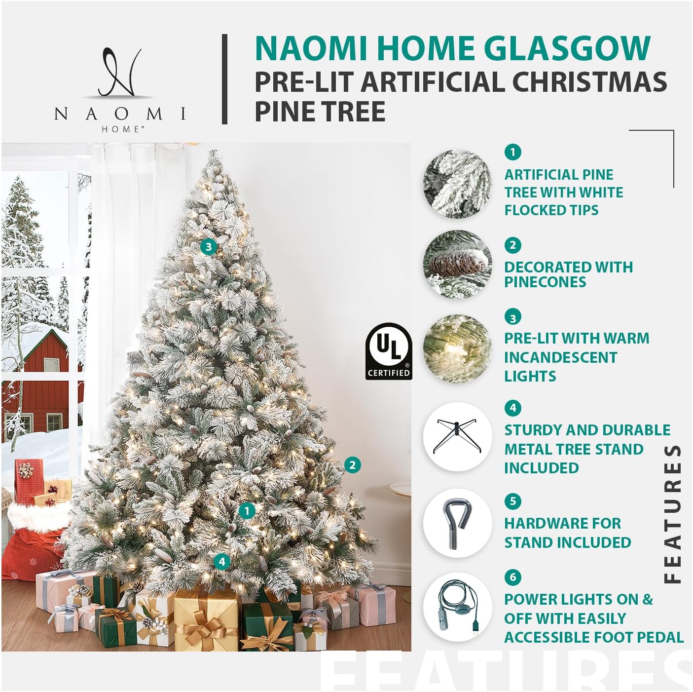 Naomi Home 7.5ft Christmas Tree with Lights, Realistic Prelit with Hinged Design with Foot Pedal, 2755 Branch Tips, 600 Warm Lights and Metal Stand, Aritificial Tree