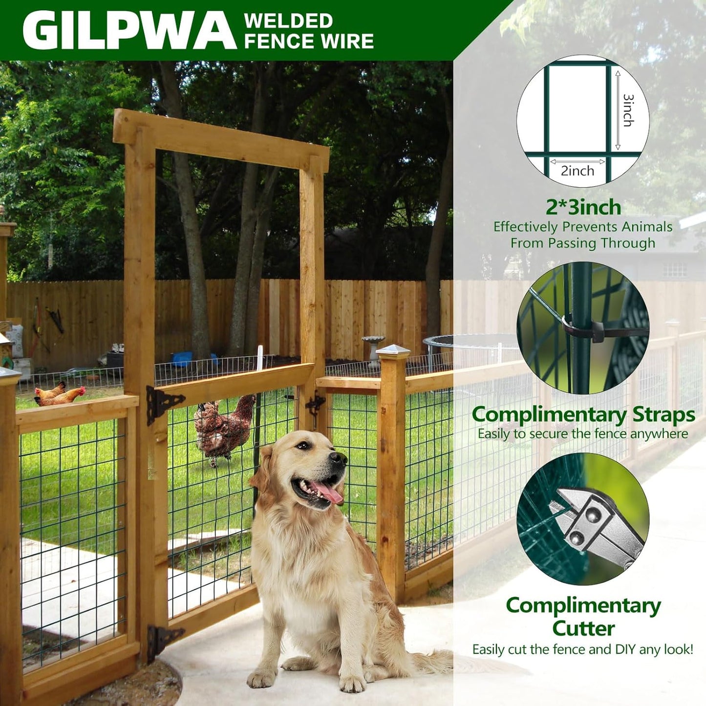 Welded Wire Fence, 50ft(L) x 36inch(H) PVC Coated Wire Fencing for Dog, 2 Inch x 3 Inch 16GA Fencing for Chicken, Anti-Rust Roll Metal Wire Mesh Fence for Yard Vegetable, Green