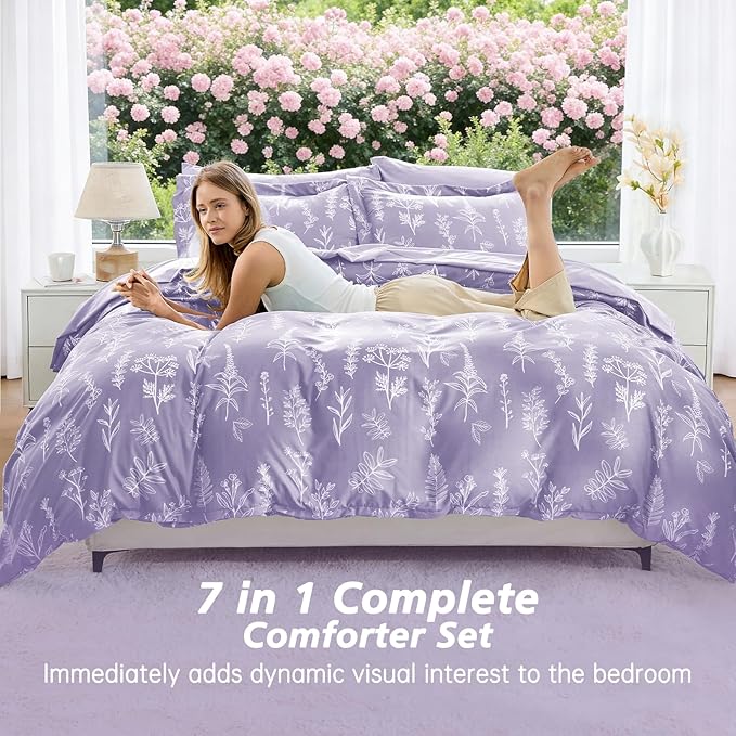 MUXHOMO Lavender Purple Full Comforter Set, Elegant Floral Print Bed in a Bag 7 Pieces, Ultra Soft & Breathable Reversible Botanical Pattern Bedding Set with Comforter, Sheets, Pillowcases, and Shams