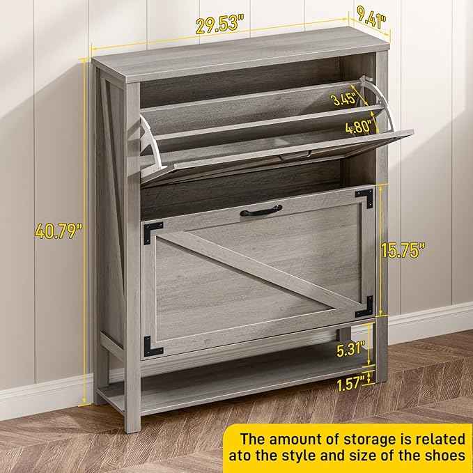 Vabches Shoe Storage Cabinet, 5-Tier Farmhouse Freestanding Organizer with 2 Flip Drawers, Wooden Shoes Rack Cabinets Storage Organizer with Doors for Entryway, Hallway, Closet, Rustic Grey