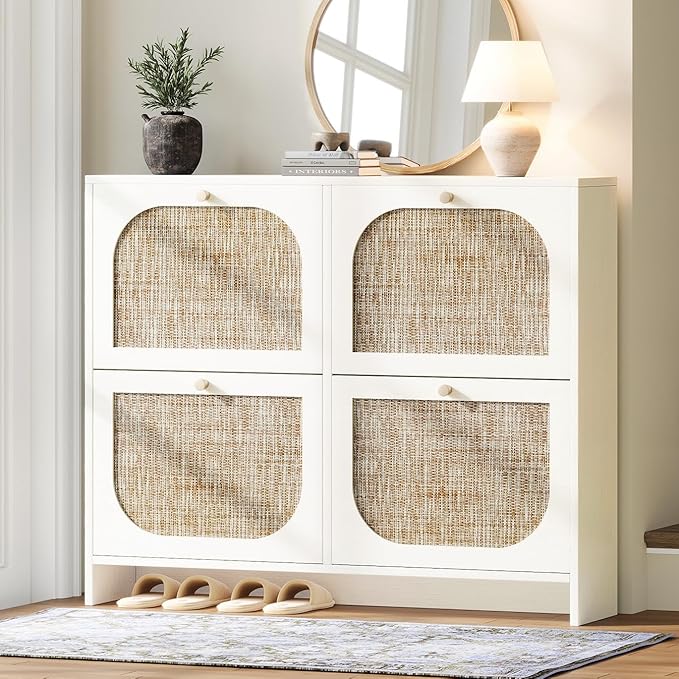 Nicetree Freestanding Ultra Slim Arched Rattan Accent Shoe Storage Cabinet for Entryway - 4 Flip Drawers & 3-Tier Adjustable Shelves, Farmhouse Modern Rustic Shoe Rack for Hallway Foyer,Cloud White