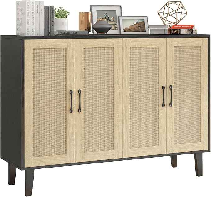 Panana Buffet Storage Cabinet with Rattan Decorating 4 Doors Living Room Kitchen Sideboard 48.43 x 34.65 x 15 inch (Black)