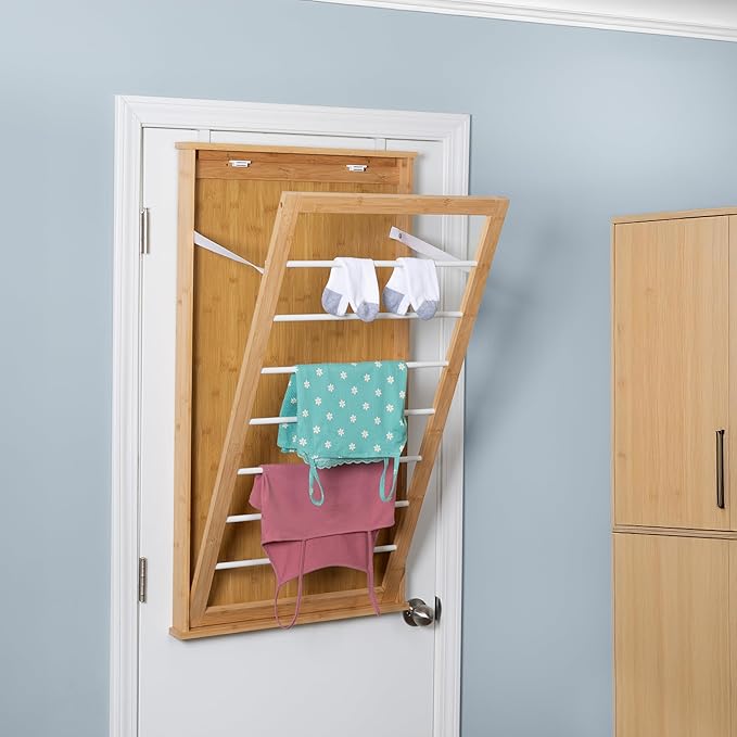 Wall-Mounted Clothes Drying Rack, Bamboo, Collapsible, 23 in W x 42 in H