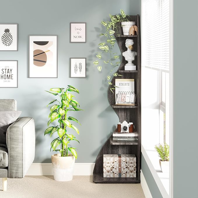 Tribesigns Corner Shelf, Modern 5-Tier Wall Corner Bookshelf, Stylish Corner Small Bookcase Storage Rack Plant Stand with Unique Shape for Living Room, Home Office(Gray, 2PCS)