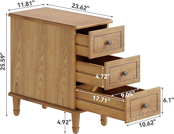 LITTLE TREE Fully Assembled End Table, Narrow Bedside Table with 3 Drawers, Vintage Nightstand for Small Spaces, Living Room, Bedroom, Natural Color