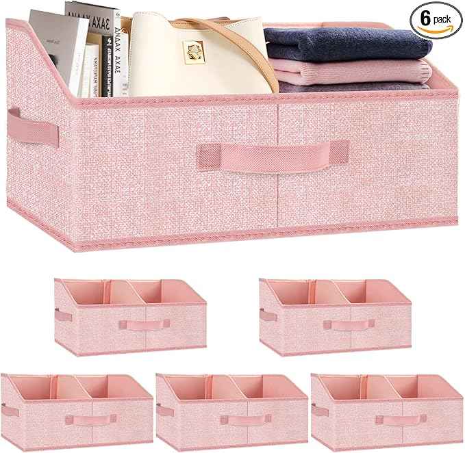 Closet Storage Bins 6 Pack, Large Closet Organizer Baskets with Divider & Handles,Trapezoid Fabric Shelf Organizers, Collapsible Storage Cubes for Clothes, Towels, Toys - Pink