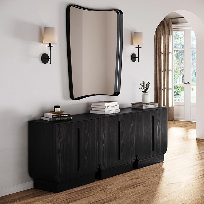 Nathan James Joey Mid Century Modern Storage Cabinet, Arched Accent Cabinet with Rounded Bottom Edges and Integrated Door Pull Cutouts, Black Oak Set of 3