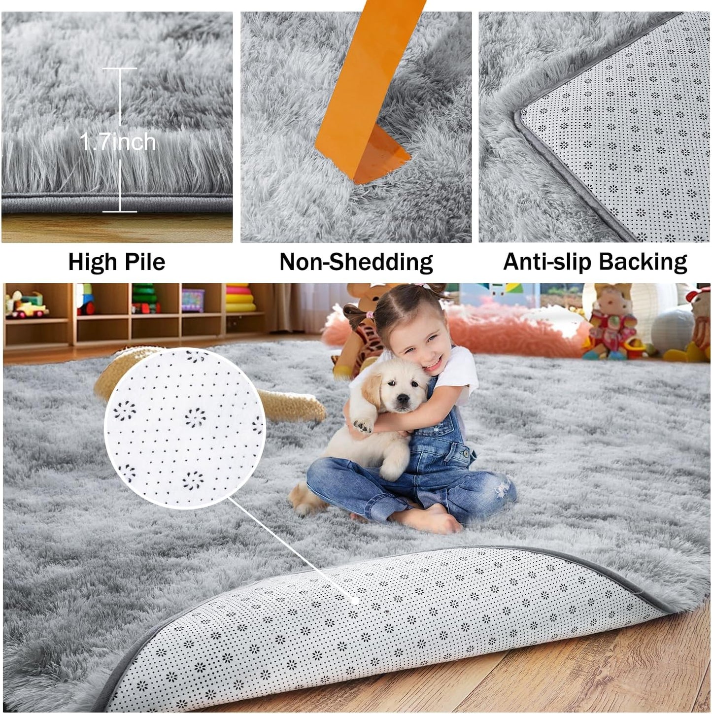 Rezutan Rugs for Living Room, Area Rug 5x7 Fluffy Rug Carpet, Soft Shaggy Modern Floor for Kids Boys Girls Bedroom, Plush Fuzzy Dorm Rug,Grey Tie-Dyed