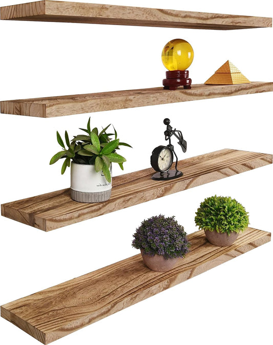 Wood Floating Shelves for Wall, Rustic Wall Shelves for Bedroom, Wall Mounted Floating Shelf, Set of 4 Light Walnut 36 Inch - Décor Diaries