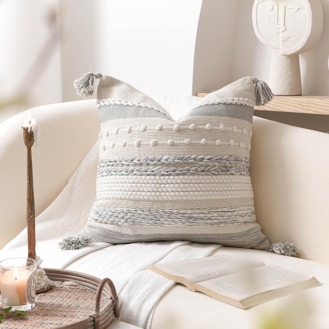 BlissBlush Gray Boho Decorative Throw Pillow Cover 18x18 Square Farmhouse Accent Cushion for Couch Sofa Livingroom Bedroom Pillowcase Modern Home Décor (Pack of 1)